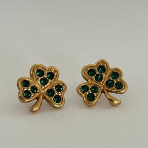 St. Patrick's Day Clover Earrings and Pin Vintage Avon in Box Emerald Gold Green